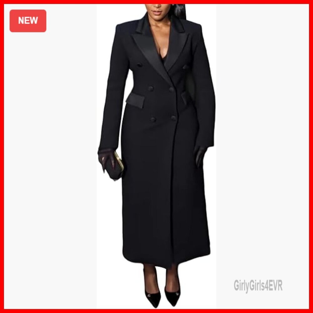 Long Sleeve Blazer Dress with Lapel Pockets, Ankle Length Trench Coat for